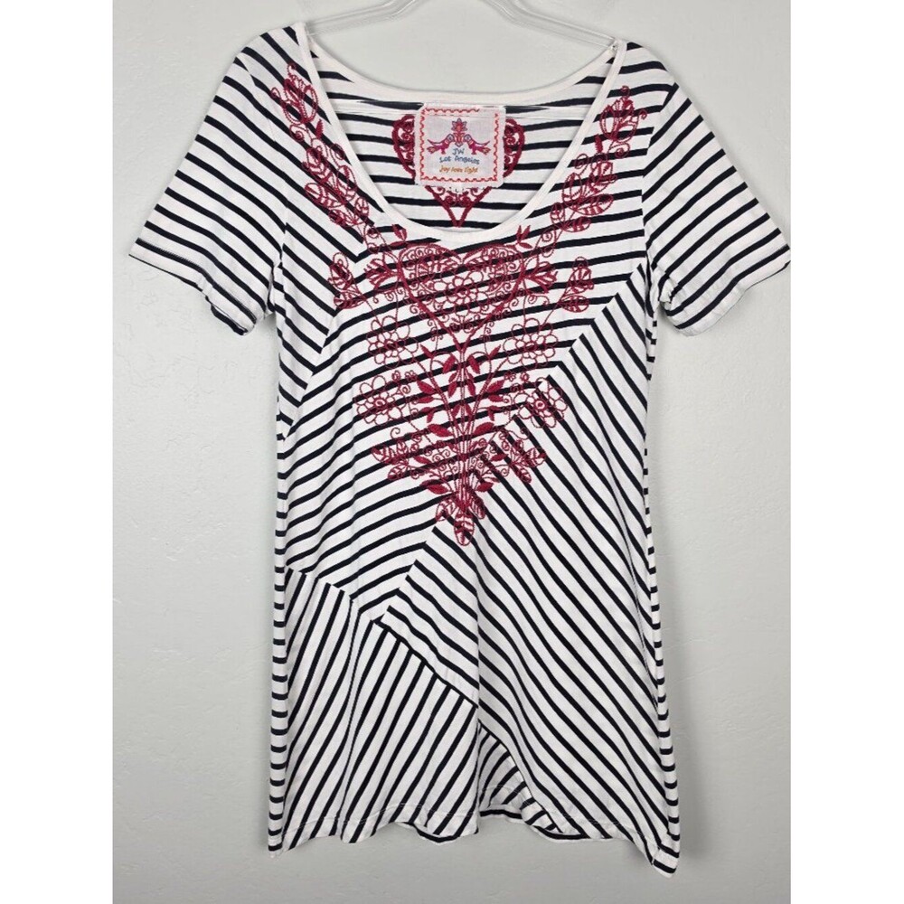 Johnny Was Embroidered Mini Dress Short Sleeve Striped Floral White Black Size L